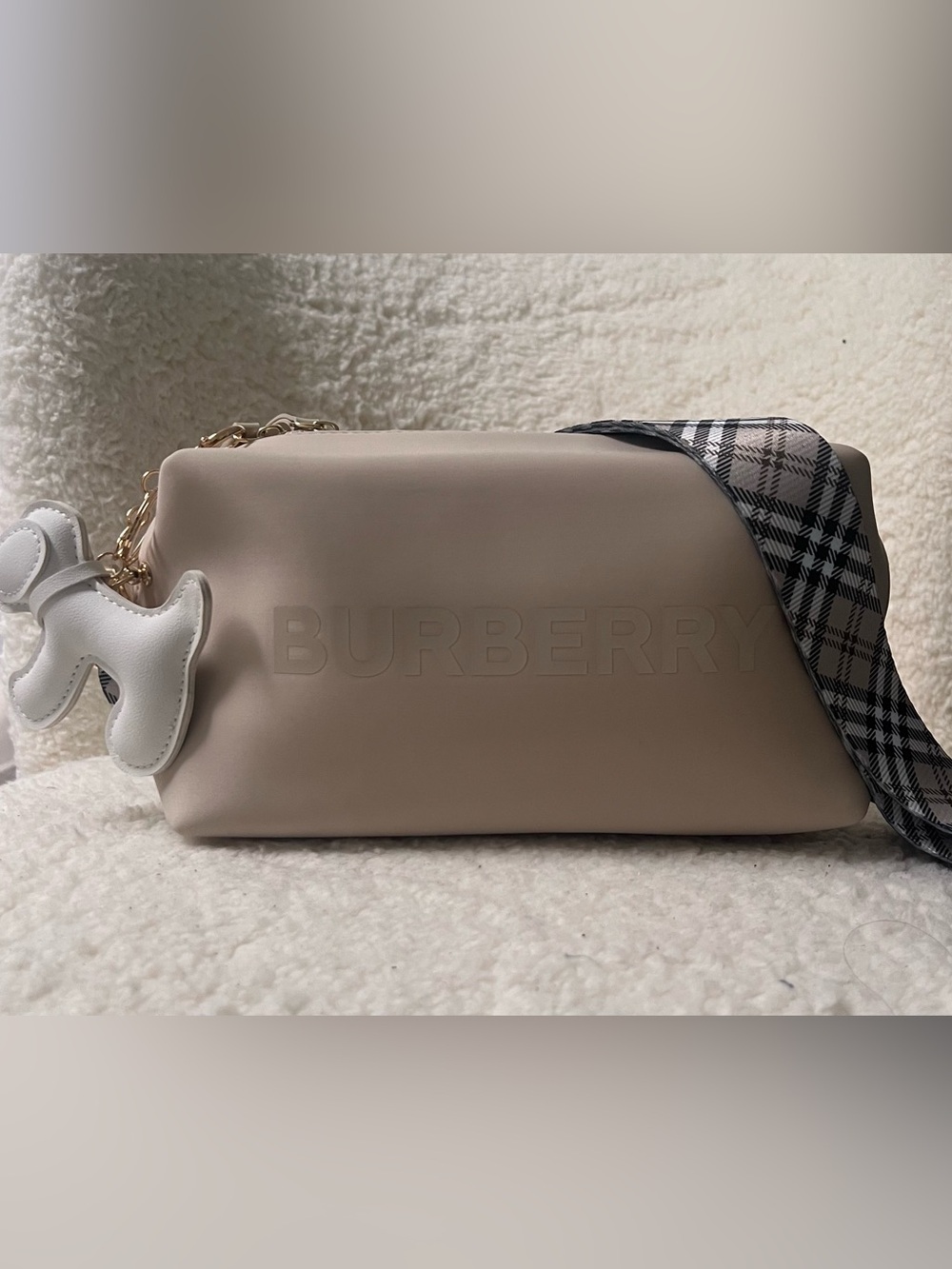 Burberry Upcycled Cream Crossbody Bag with removable strap and Dog Charm